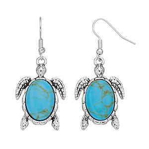 Simulated Turquoise Turtle Nickel Free Drop Earrings