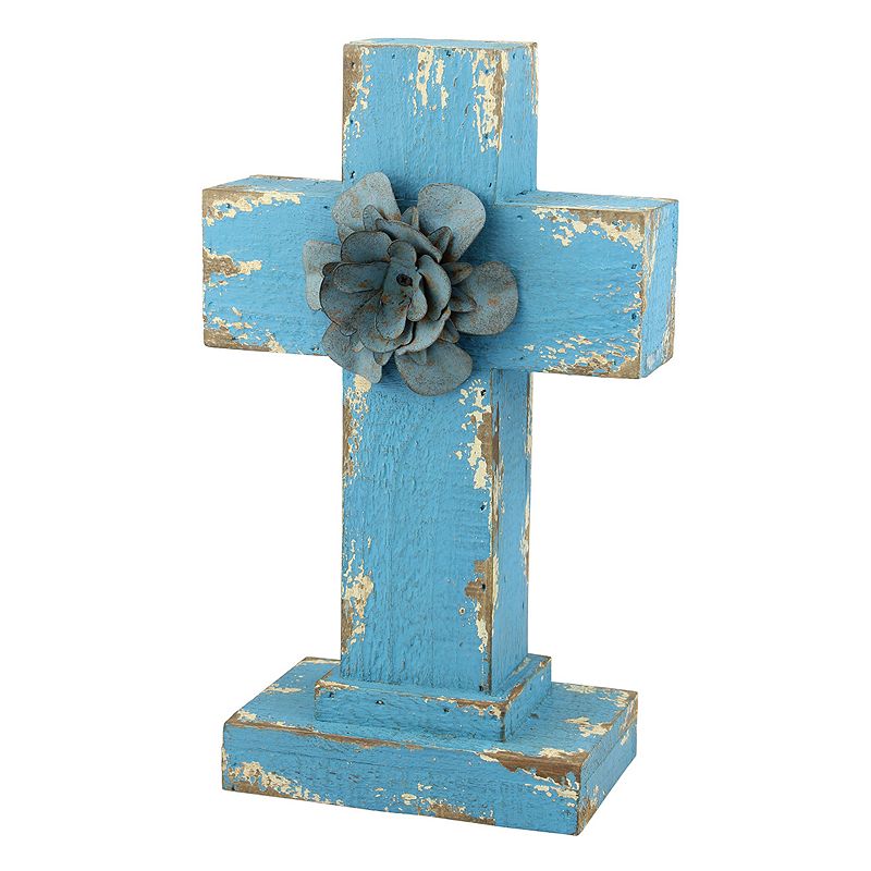 Stonebriar Collection Weathered Wood Cross Table Decor, Blue