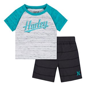 Baby Boy Hurley Raglan Logo Graphic Tee & Striped Shorts Set