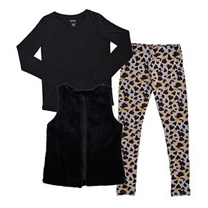 Girls 7-16 French Toast Faux-Fur Vest, Tee & Animal Printed Leggings Set