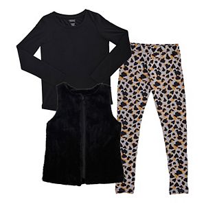 Girls Plus Size French Toast Faux-Fur Vest, Tee & Animal Printed Leggings Set