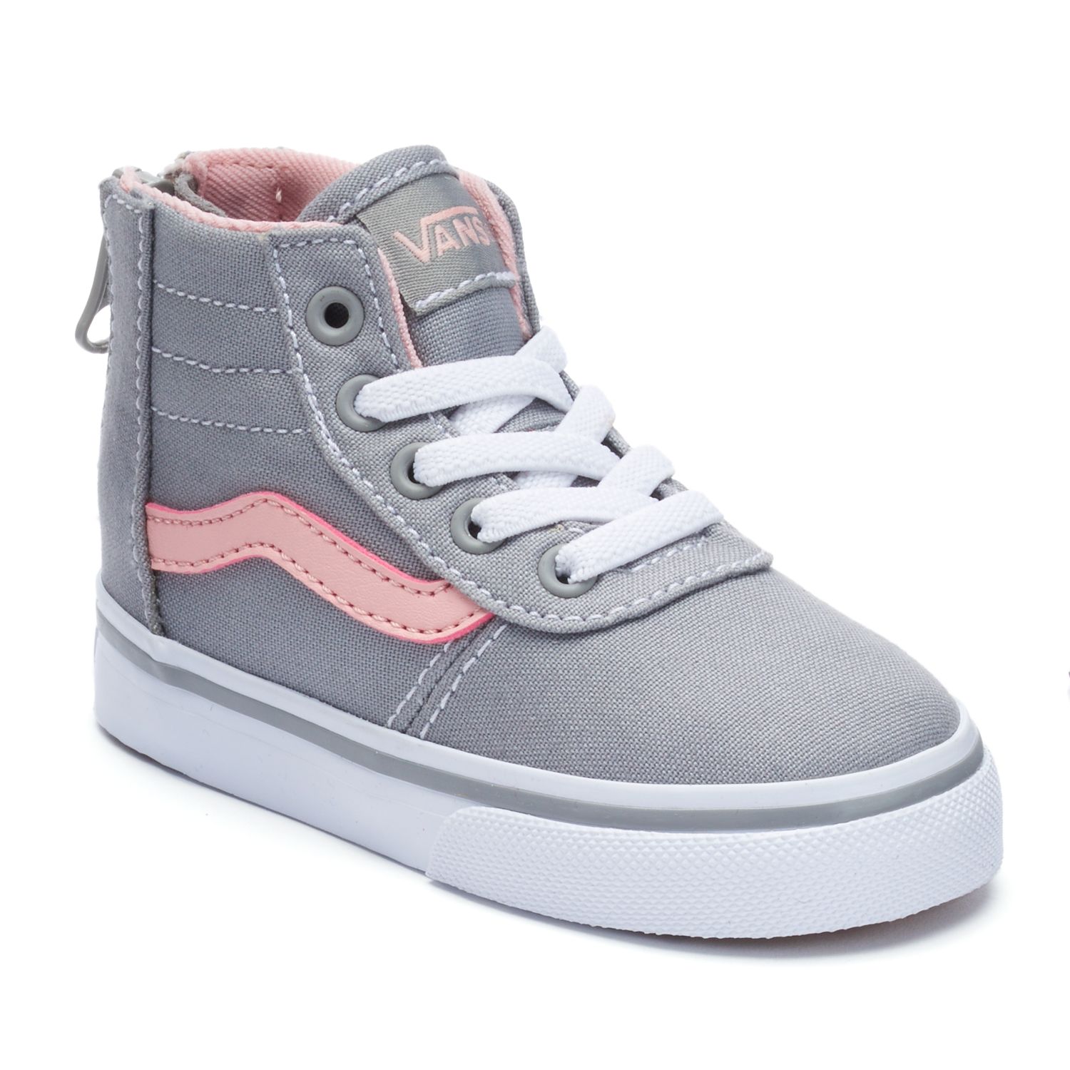 gray and pink high top vans