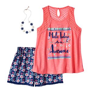 Girls 7-16 Self Esteem Crochet Lace Trim Tank Top & Flowy Shorts Set with Necklace