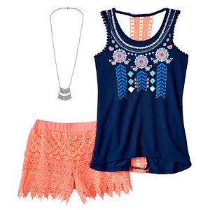 Girls 7-16 Crochet Back Tank Top & Crochet Shorts Set with Necklace