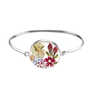 Sterling Silver Pressed Flower Circle Bangle Bracelet