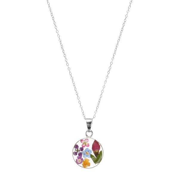 Sterling Silver Pressed Flower Circle Pendant Necklace