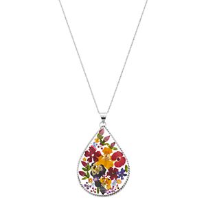 Sterling Silver Pressed Flower Teardrop Pendant Necklace