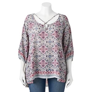 Juniors' Plus Size Living Doll Woven Print Cross Front Top