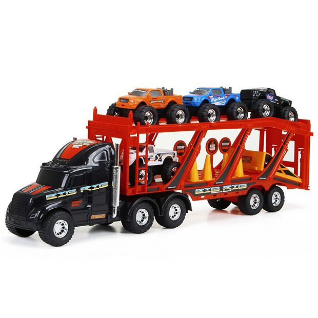 Toy stork truck carrying 4 colored cars 