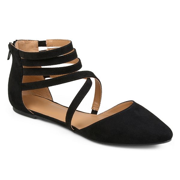 Plus Size - Black Faux Suede Elastic Crisscross Strap Flat (WW