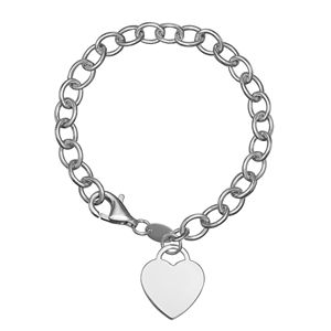 Pure Sterling Silver Rolo Chain Heart Charm Bracelet
