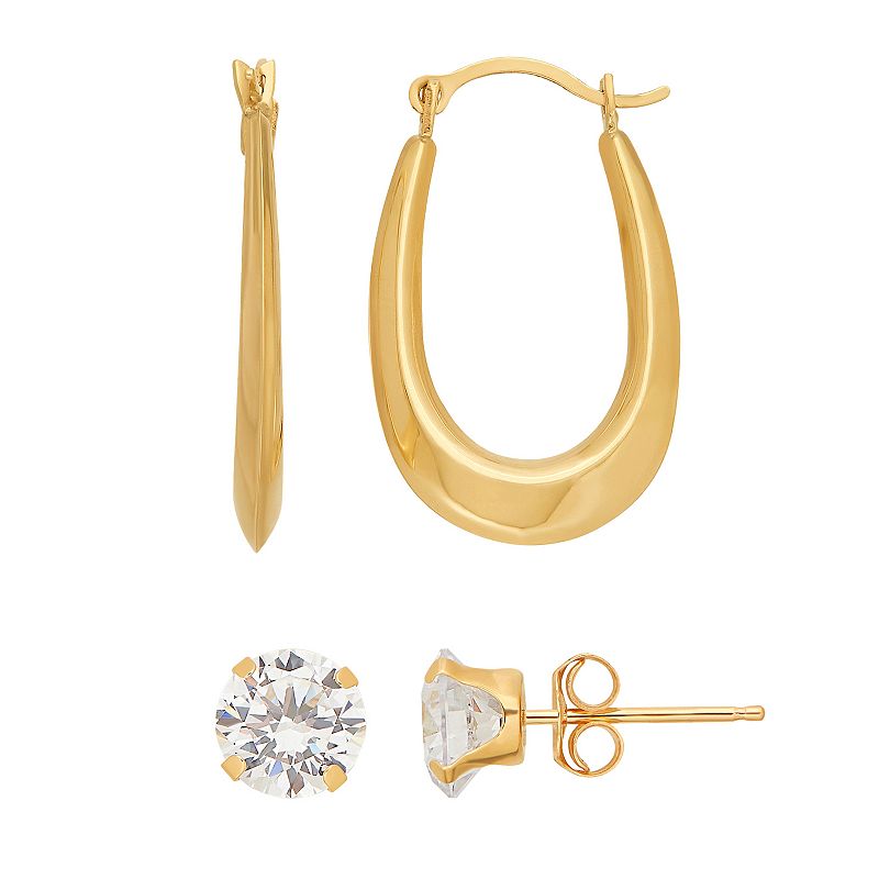 Everlasting Gold 14k Gold Cubic Zirconia Stud & U Hoop Earring Set, Womens