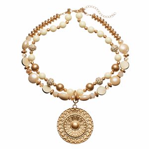 Beaded Double Strand Medallion Pendant Necklace
