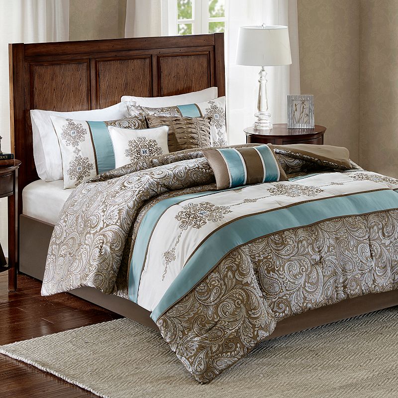 Blue Sharon Jacquard Comforter Set King 7pc: Madison Park, Polyester Fill, Embroidered, Machine Washable