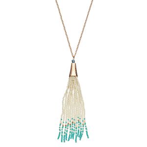 Long Aqua Seed Bead Tassel Pendant Necklace