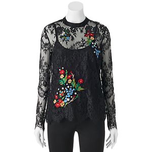 Juniors' Liv-On Embroidered Print Lace Top