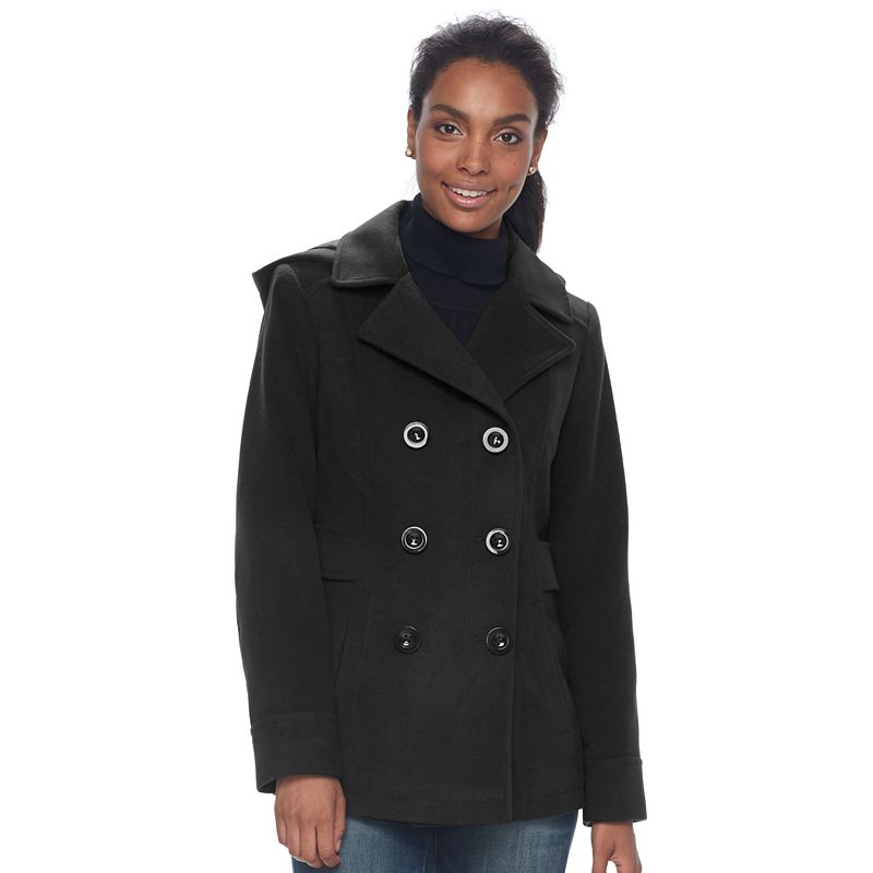 Women's D.e.t.a.i.l.s Hooded Double Breasted Faux-wool Peacoat, Size: Xl, Black