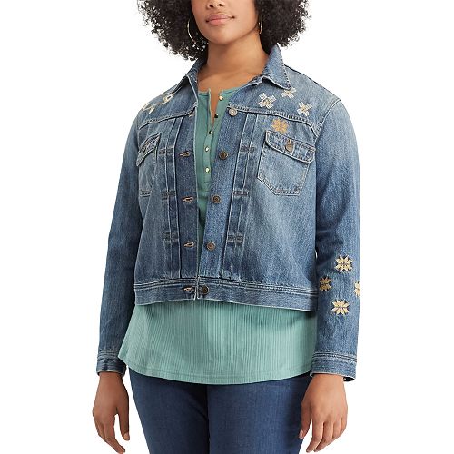 Large Women's Chaps Embroidered Jean Jacket Blue Denim