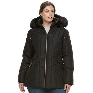 Plus Size Details Faux-Fur Trim Smocked Jacket