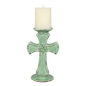 Stonebriar Collection Aqua Ceramic Cross Pillar Candle Holder