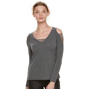 Women's Rock & Republic® Gray Strappy Cold-Shoulder Tee
