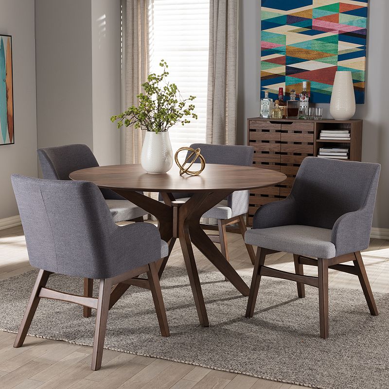 Baxton Studio Monte Mid-Century Round Dining Table & Arm Chair Set, Grey