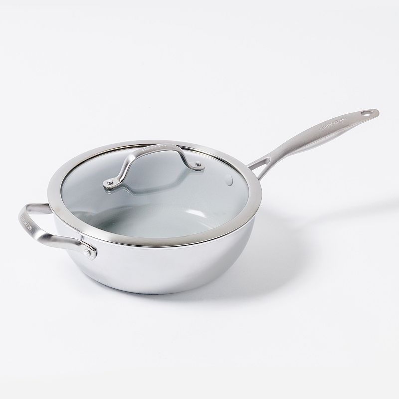 Greenpan Venice Pro Tri-Ply Stainless Steel Ceramic Non Stick 3.5qt Chefs Pan with Helper Handle & Lid Vibrant Silver
