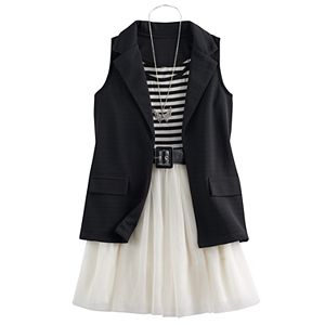 Girls 7-16 Knitworks Blazer Vest & Tulle Skater Dress Set with Necklace