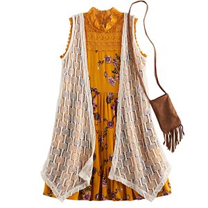 Girls 7-16 Knitworks Crochet Duster Vest & Lace Highneck Tiered Floral Dress Set with Fringe Crossbody Cell Phone Purse