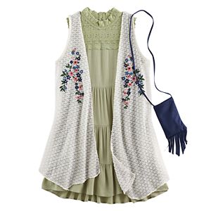 Girls 7-16 Knitworks Floral Embroidered Duster Vest & Lace Highneck Tiered Dress Set with Fringe Crossbody Cell Phone Purse