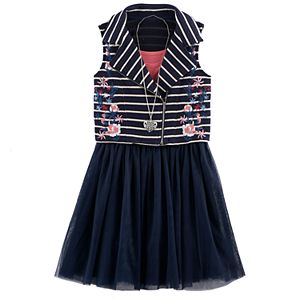 Girls 7-16 Knitworks Embroidered Flower Striped Moto Vest & Skater Dress Set with Necklace
