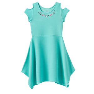Girls Plus Size SO庐 Cold Shoulder Embellished Textured Handkerchief Hem Dress