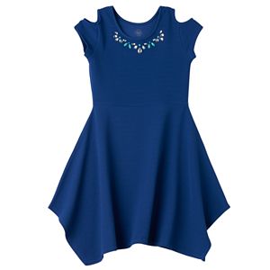 Girls 7-16 SO® Cold Shoulder Embellished Textured Handkerchief Hem Dress!