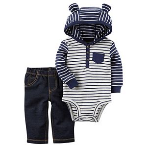 Baby Boy Carter's 3D Ear Hooded Striped Bodysuit & Faux-Denim Pants Set