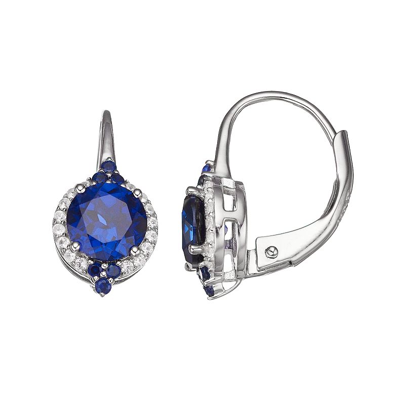 Sterling Silver Lab-Created Sapphire Leverback Earrings, Womens, Blue