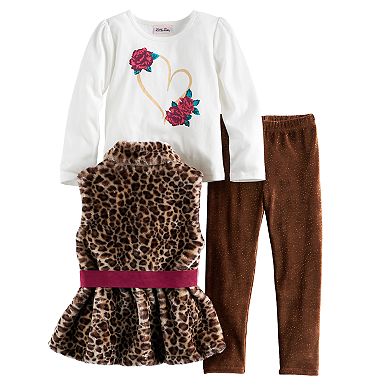 Girls 4-6x Little Lass Leopard Faux Fur Vest, Graphic Top & Leggings Set