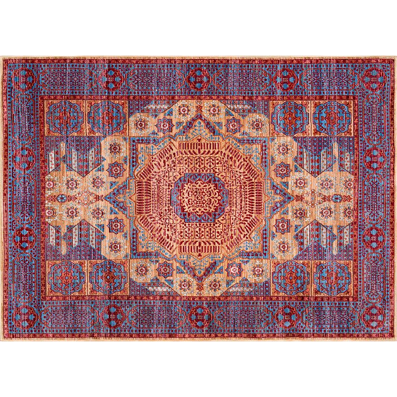 nuLOOM Vivid Silk Wonda Mamluk Framed Medallion Rug, Blue, 5X7.5 Ft