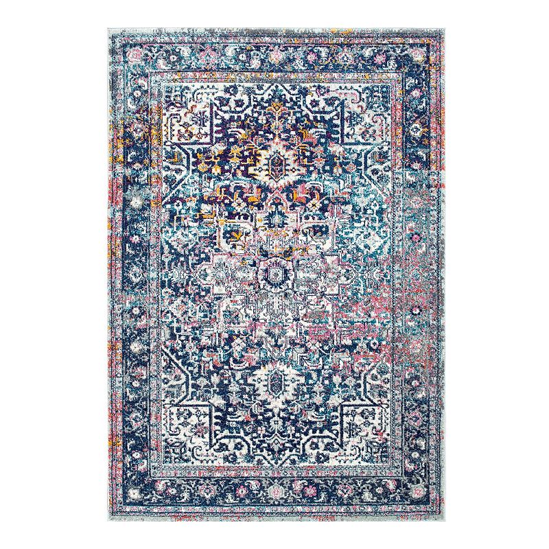 nuLOOM Bodrum Raylene Vintage Persian Framed Floral Rug, Blue, 9X12 Ft