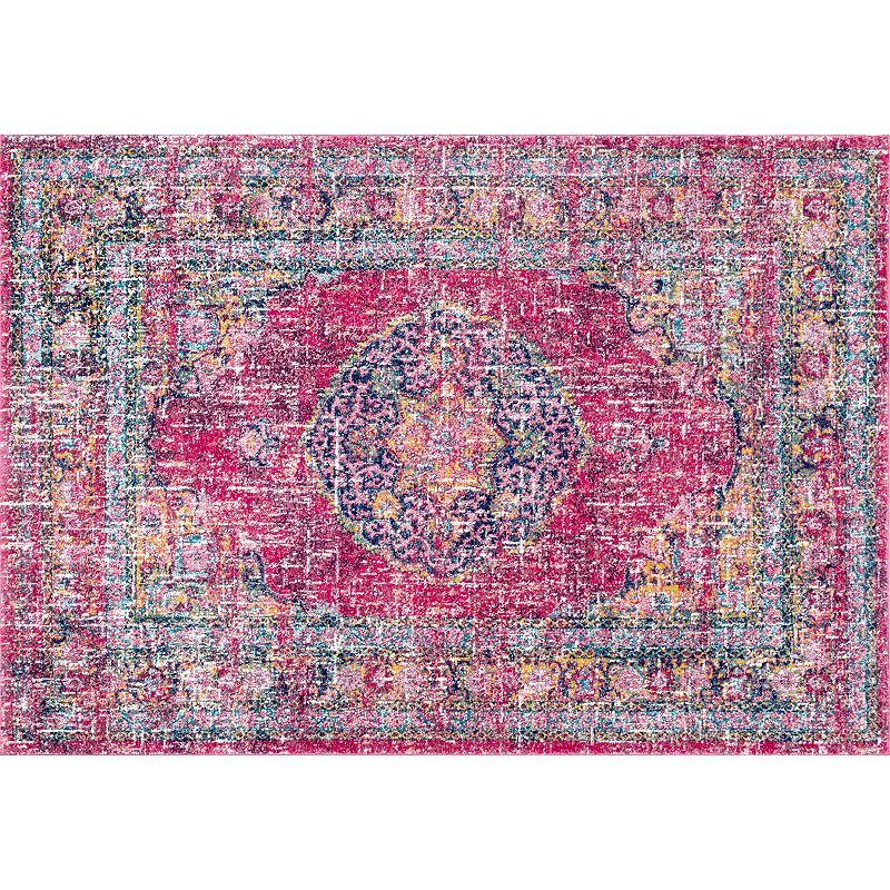nuLOOM Bodrum Arla Vintage Persian Framed Floral Rug, Brt Pink, 9X12 Ft