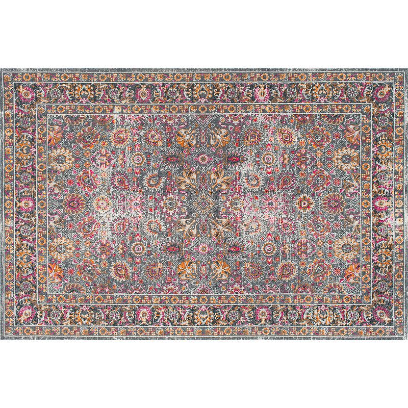nuLOOM Stone Washed Isela Vintage Persian Framed Floral Rug, Grey, 2.5X8 Ft