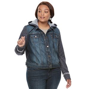 Juniors' Plus Size Mudd® Knit Sleeve Jean Jacket