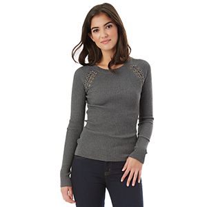 Juniors' IZ Byer Ribbed Lace-Up Sweater