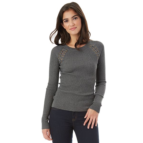 Juniors' IZ Byer Ribbed Lace-Up Sweater