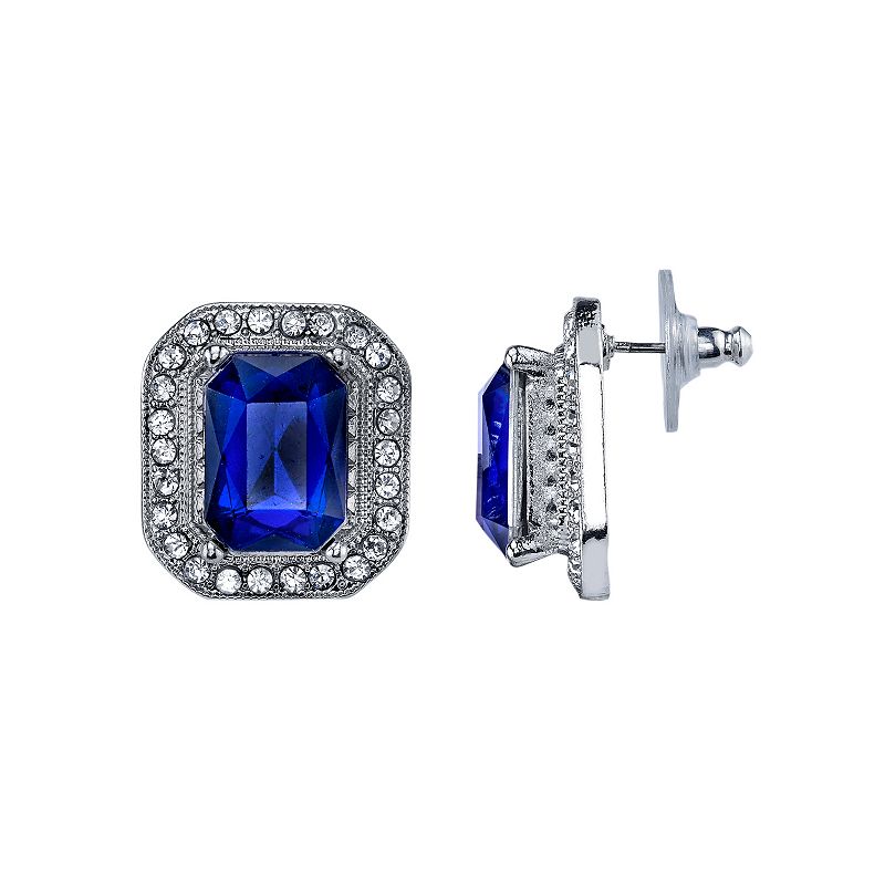 1928 Nickel Free Faceted Stone Rectangle Halo Stud Earrings, Womens, Blue