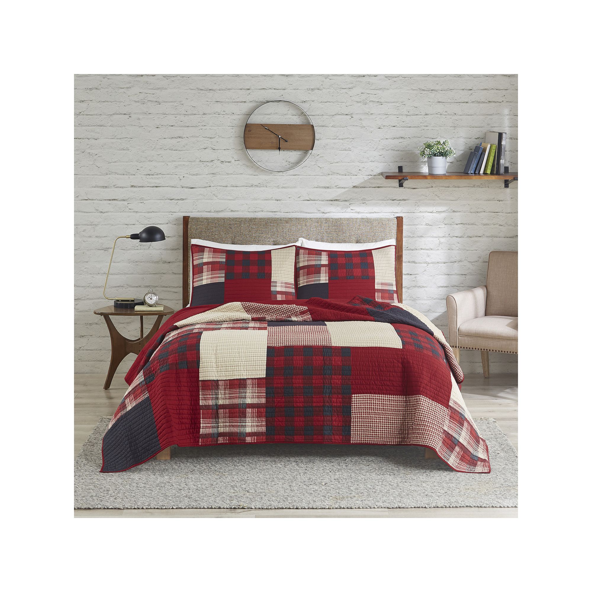 Woolrich 3-piece Sunset Oversized Plaid Cotton Quilt Set with Shams, Red