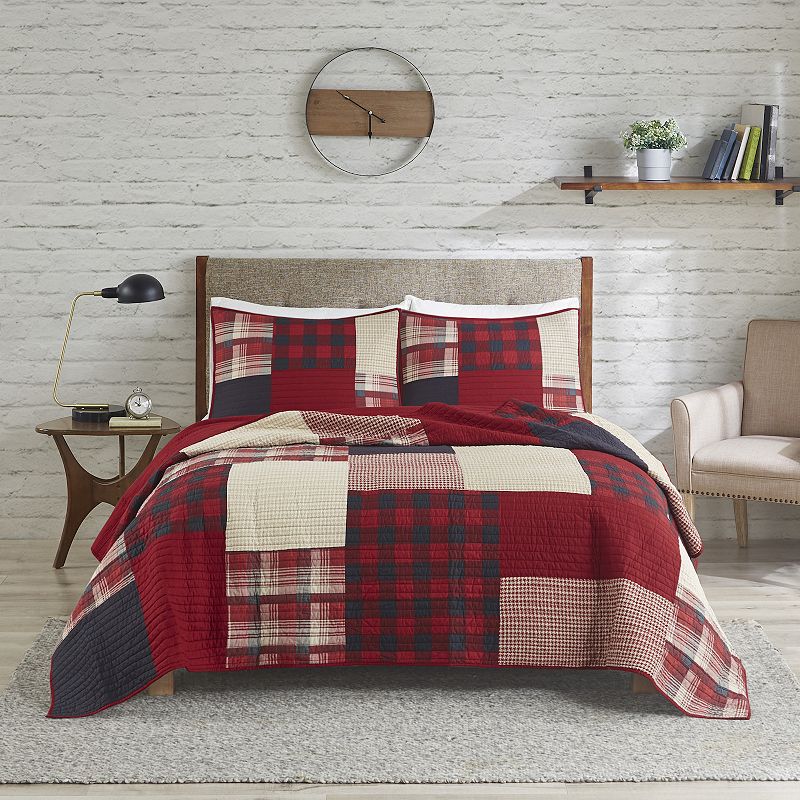 Woolrich 3-piece Sunset Oversized Plaid Cotton Quilt Set with Shams, Red, K