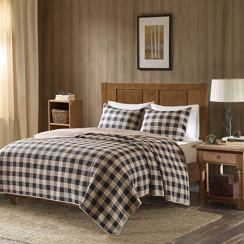 Woolrich 3-piece Buffalo Check Cotton Quilt Set with Shams, Beig/Green, Kin