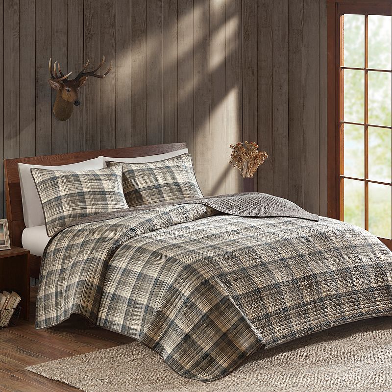 Woolrich 3-piece Tasha Plaid Cotton Quilt Set with Shams, Beig/Green, Full/