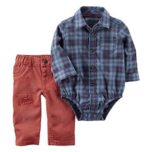 Baby Boy Carter's Plaid Button-Front Bodysuit & Distressed Jeans Set