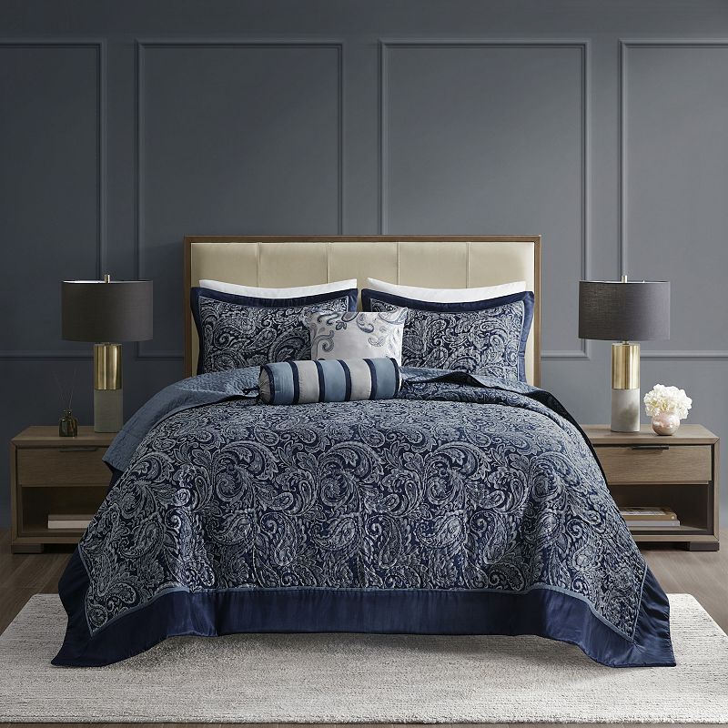 Madison Park 5-piece Whitman Jacquard Bedspread Set, Blue, Queen